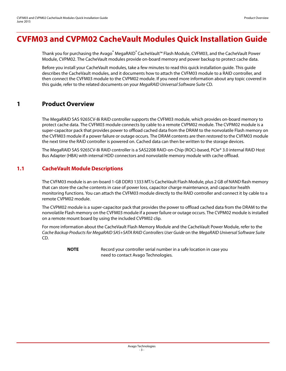1 product overview, 1 cachevault module descriptions, 1product overview | Avago Technologies Cache Protection for RAID Controller Cards User Manual | Page 3 / 13