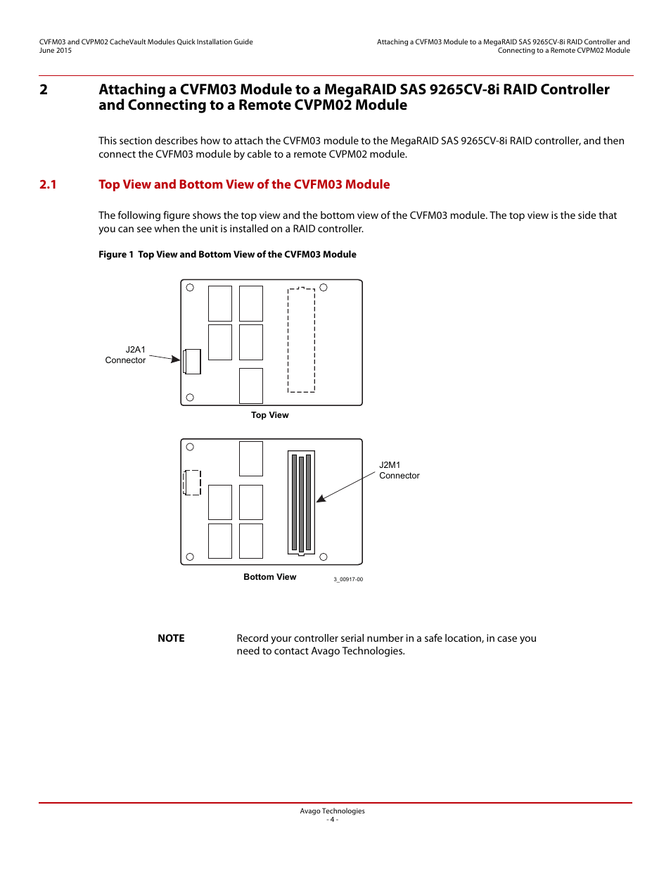 1 top view and bottom view of the cvfm03 module | Avago Technologies Cache Protection for RAID Controller Cards User Manual | Page 4 / 13