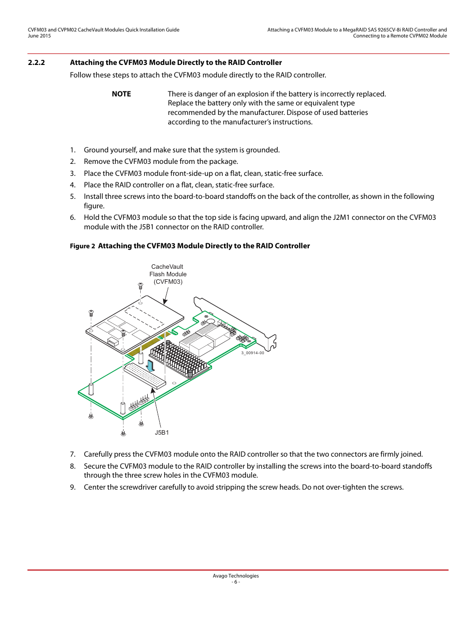 Attaching the cvfm03 module, Directly to the raid controller | Avago Technologies Cache Protection for RAID Controller Cards User Manual | Page 6 / 13