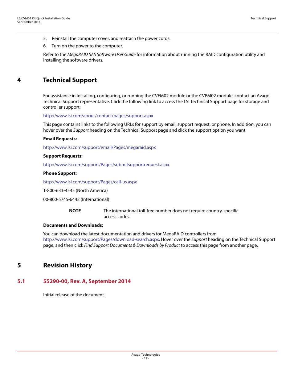 4 technical support, 5 revision history, 1 55290-00, rev. a, september 2014 | 4technical support, 5revision history | Avago Technologies Cache Protection for RAID Controller Cards User Manual | Page 12 / 13