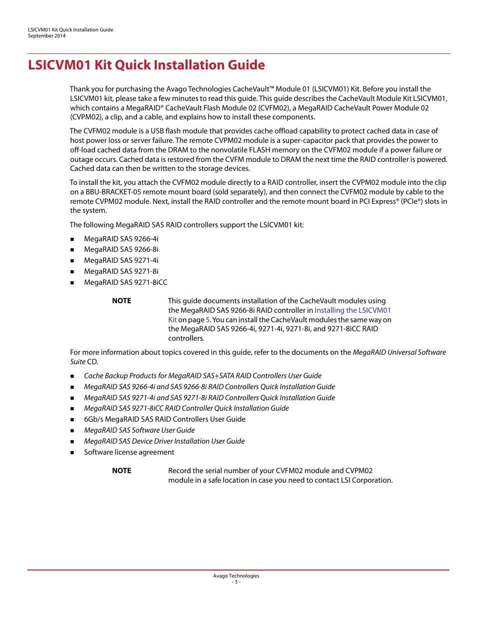 Lsicvm01 kit quick installation guide | Avago Technologies Cache Protection for RAID Controller Cards User Manual | Page 3 / 13