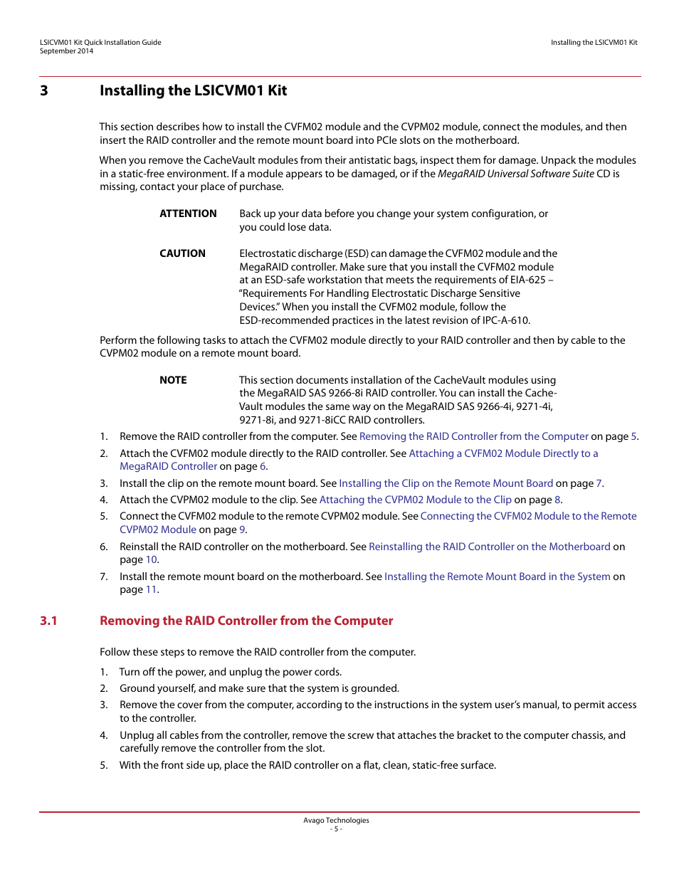 3 installing the lsicvm01 kit, 1 removing the raid controller from the computer, 3installing the lsicvm01 kit | Avago Technologies Cache Protection for RAID Controller Cards User Manual | Page 5 / 13