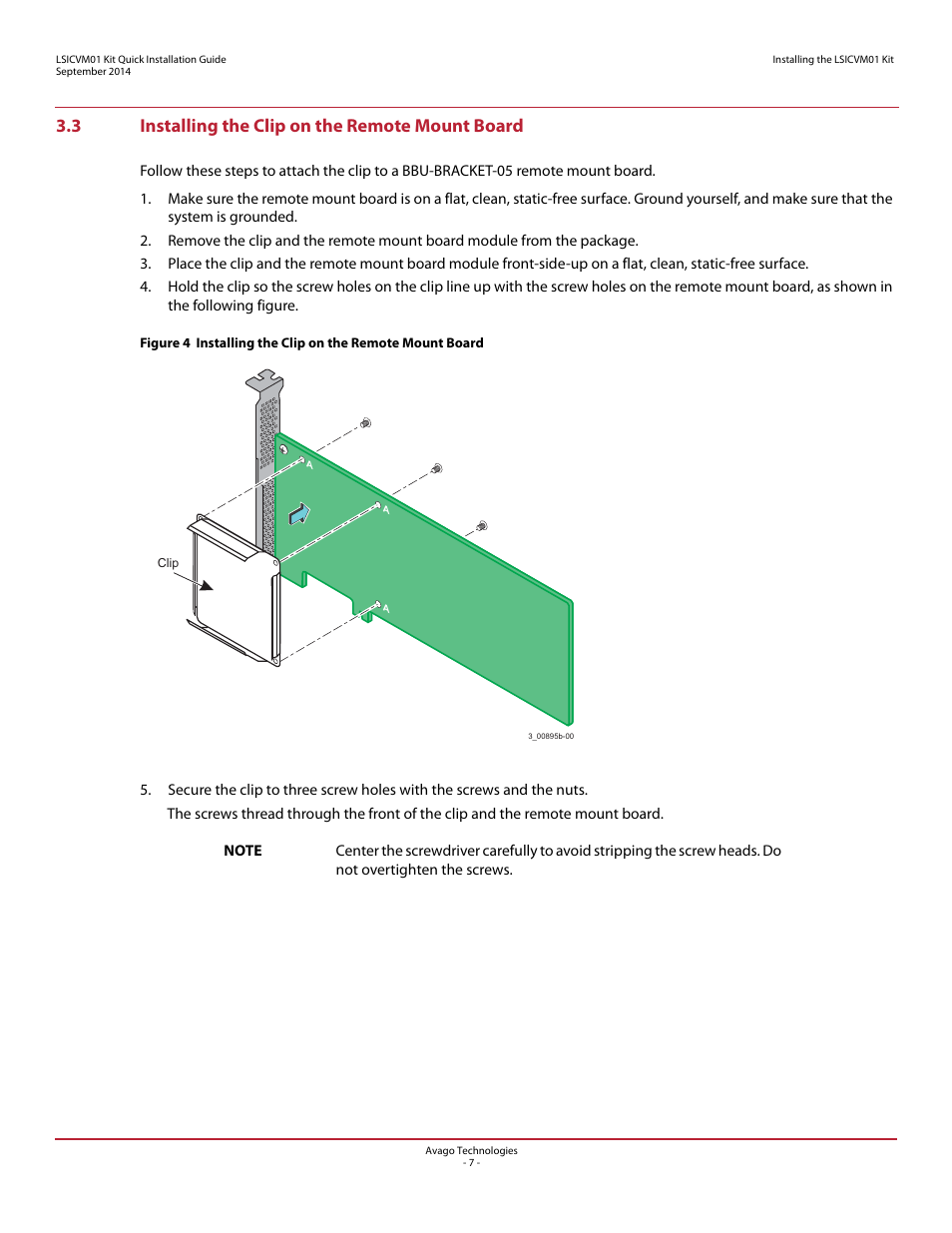 3 installing the clip on the remote mount board, Installing the clip on the remote mount board | Avago Technologies Cache Protection for RAID Controller Cards User Manual | Page 7 / 13