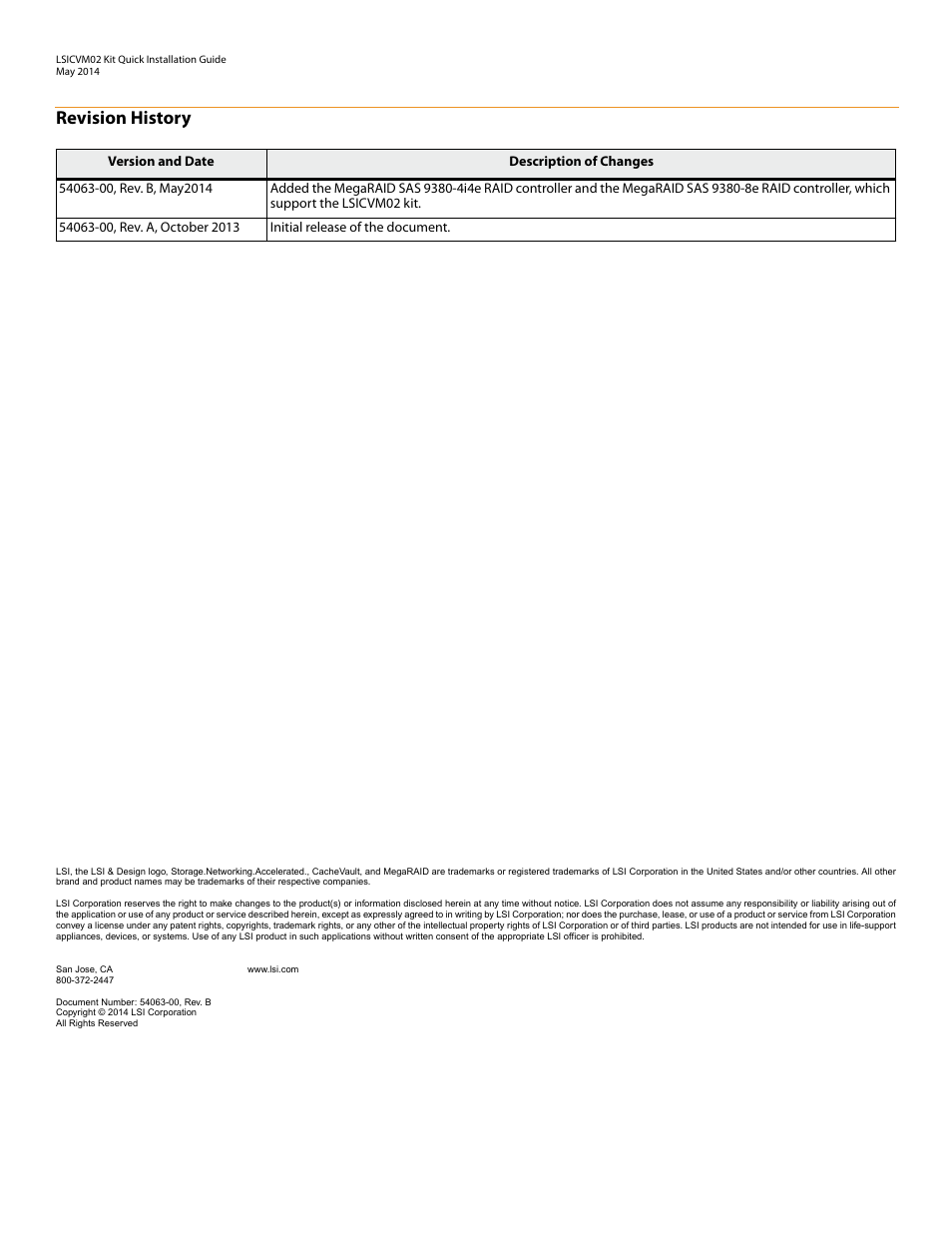 Revision history | Avago Technologies Cache Protection for RAID Controller Cards User Manual | Page 2 / 13