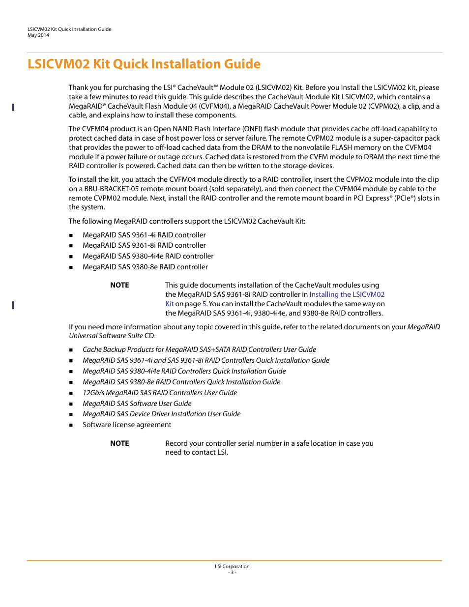 Lsicvm02 kit quick installation guide | Avago Technologies Cache Protection for RAID Controller Cards User Manual | Page 3 / 13