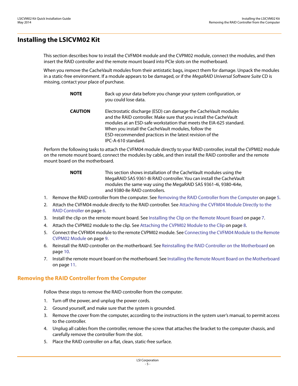 Installing the lsicvm02 kit, Removing the raid controller from the computer | Avago Technologies Cache Protection for RAID Controller Cards User Manual | Page 5 / 13