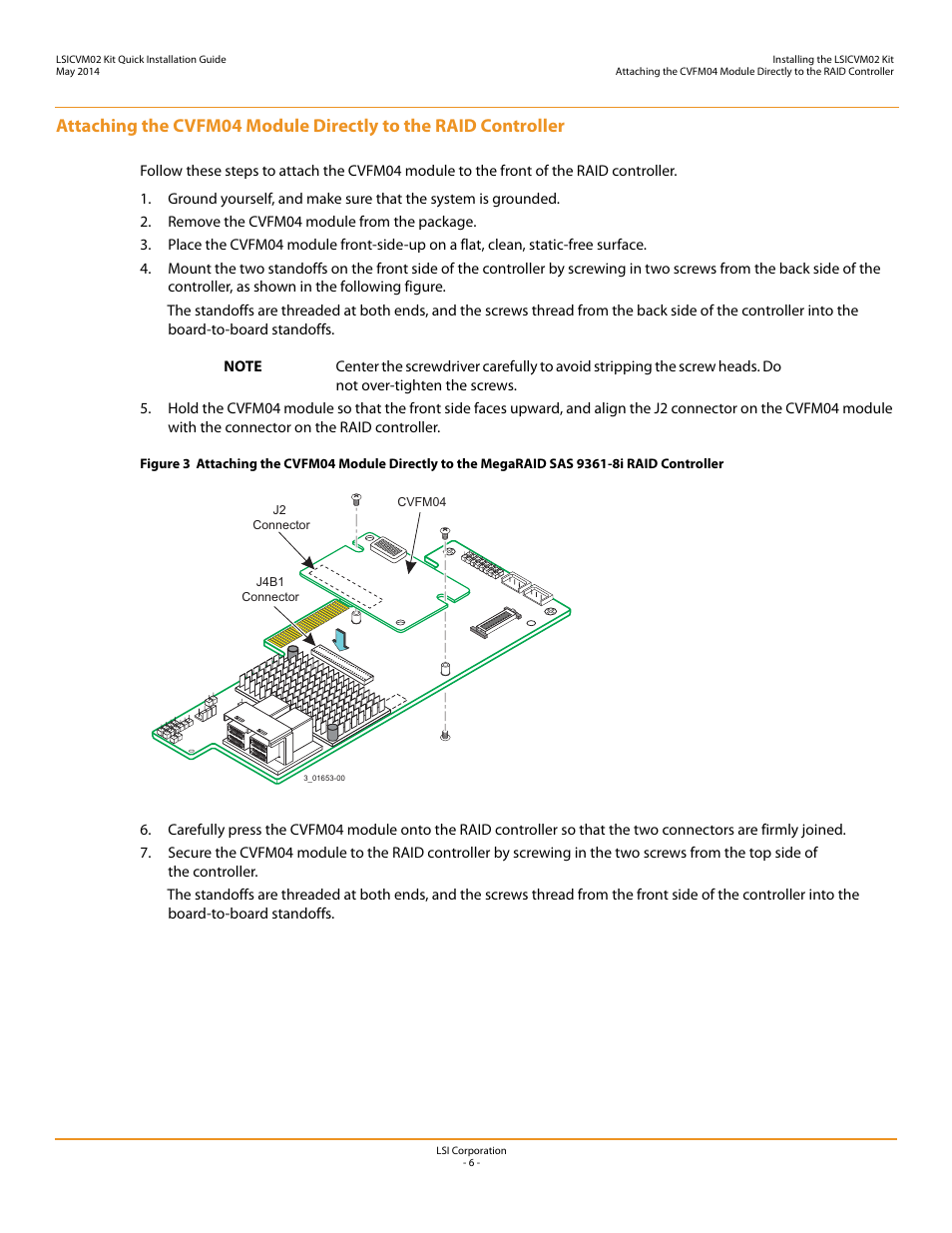 Attaching the cvfm04 module directly to the, Raid controller | Avago Technologies Cache Protection for RAID Controller Cards User Manual | Page 6 / 13