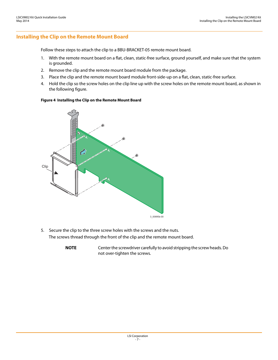 Installing the clip on the remote mount board | Avago Technologies Cache Protection for RAID Controller Cards User Manual | Page 7 / 13