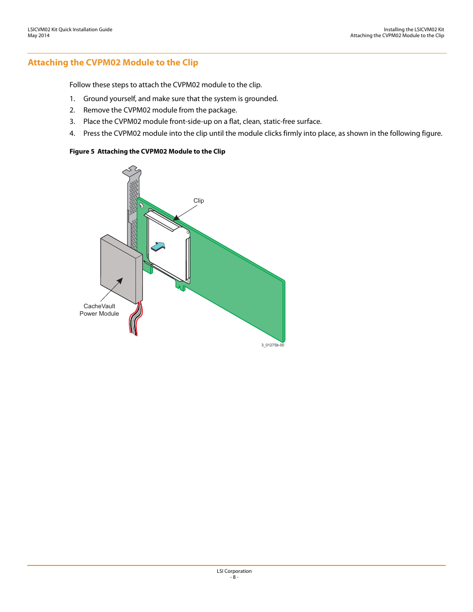 Attaching the cvpm02 module to the clip | Avago Technologies Cache Protection for RAID Controller Cards User Manual | Page 8 / 13