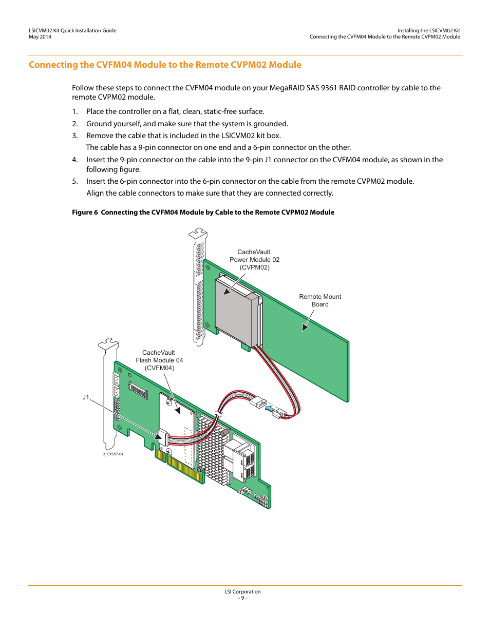 Connecting the cvfm04 module to the remote, Cvpm02 module | Avago Technologies Cache Protection for RAID Controller Cards User Manual | Page 9 / 13