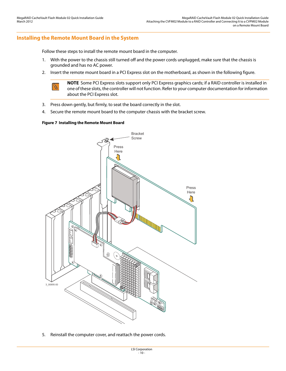 Installing the remote mount board in the system | Avago Technologies Cache Protection for RAID Controller Cards User Manual | Page 10 / 12