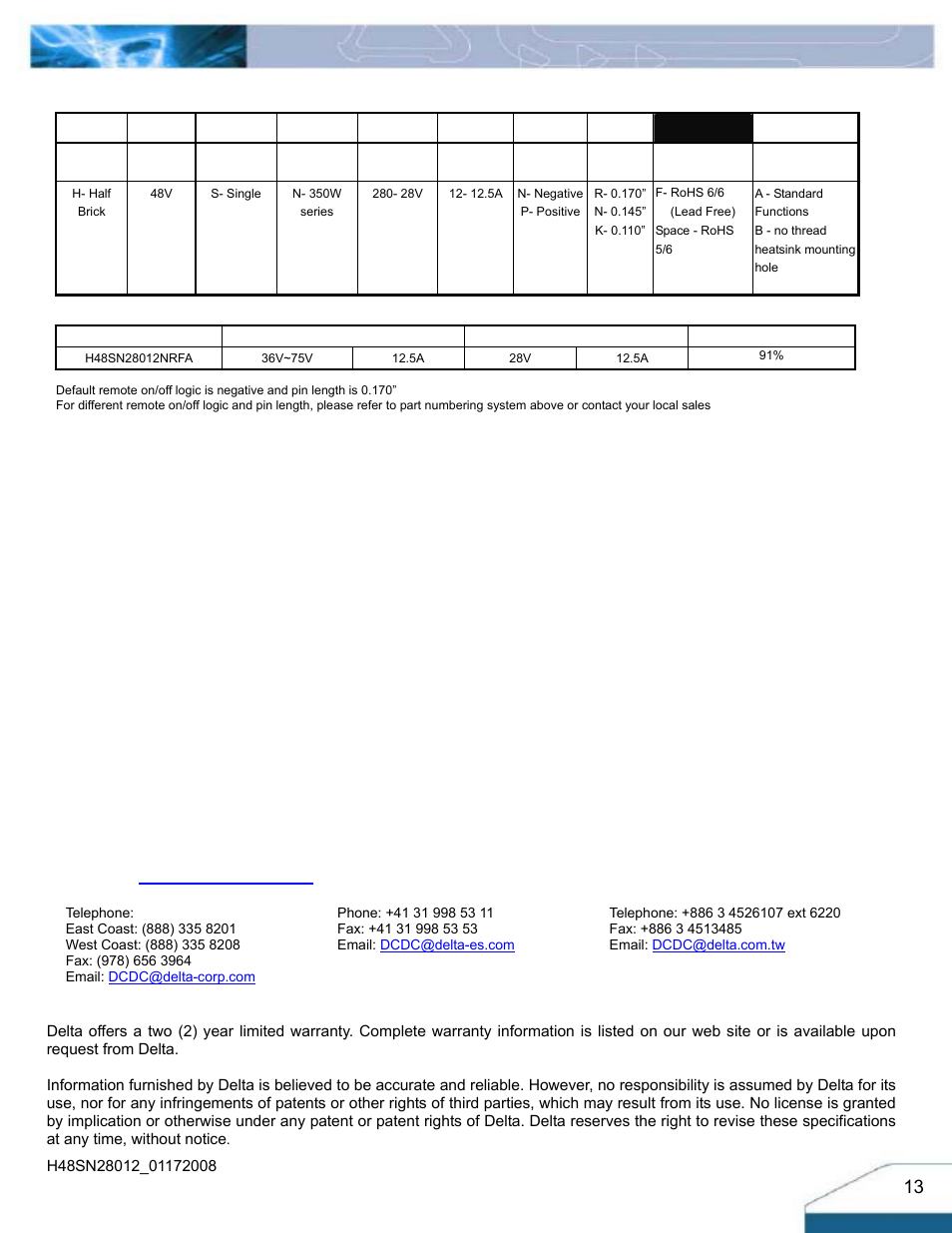 Warranty, Part numbering system, Model list | Delta Electronics H48SN User Manual | Page 13 / 13