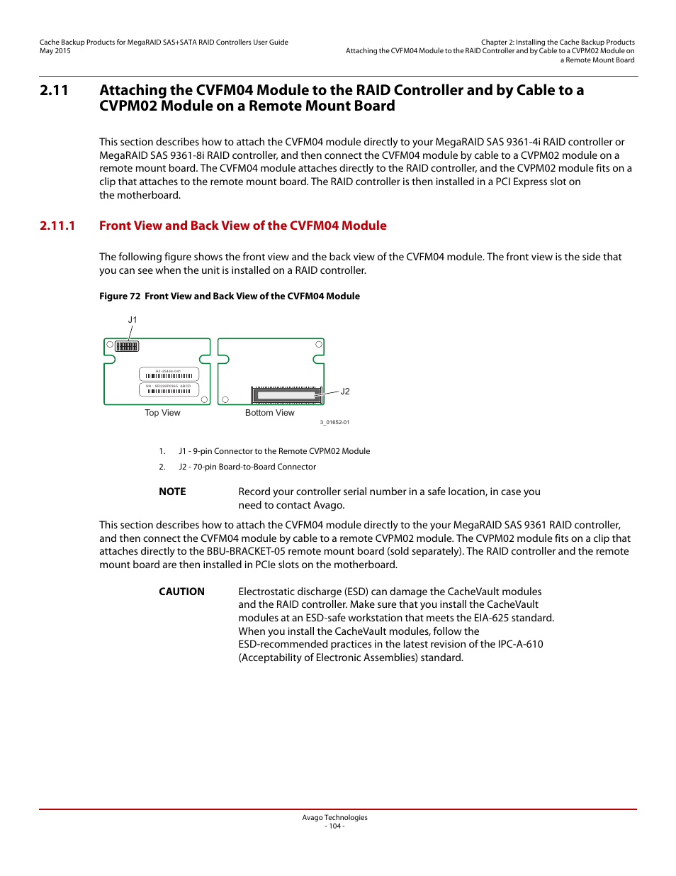 1 front view and back view of the cvfm04 module | Avago Technologies Cache Protection for RAID Controller Cards User Manual | Page 104 / 139