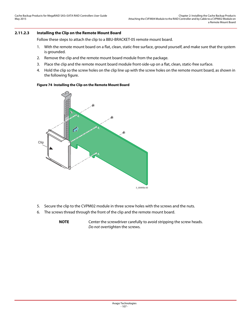 3 installing the clip on the remote mount board | Avago Technologies Cache Protection for RAID Controller Cards User Manual | Page 107 / 139