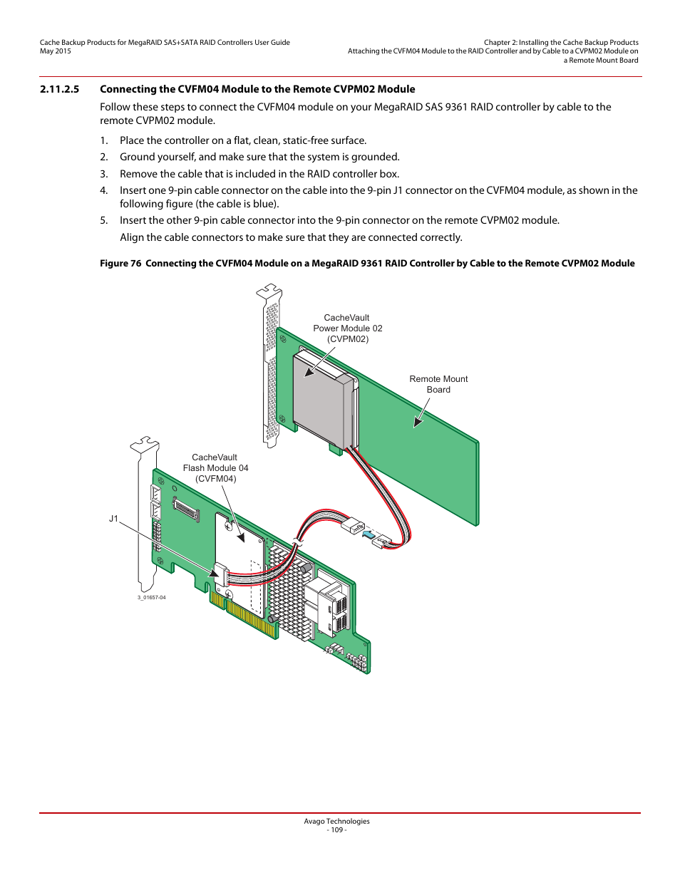 Section 2.11.2.5, connecting the cvfm04, Module to the remote cvpm02 module | Avago Technologies Cache Protection for RAID Controller Cards User Manual | Page 109 / 139