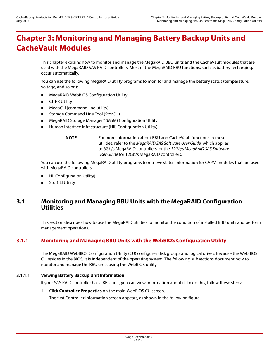 1 viewing battery backup unit information | Avago Technologies Cache Protection for RAID Controller Cards User Manual | Page 112 / 139