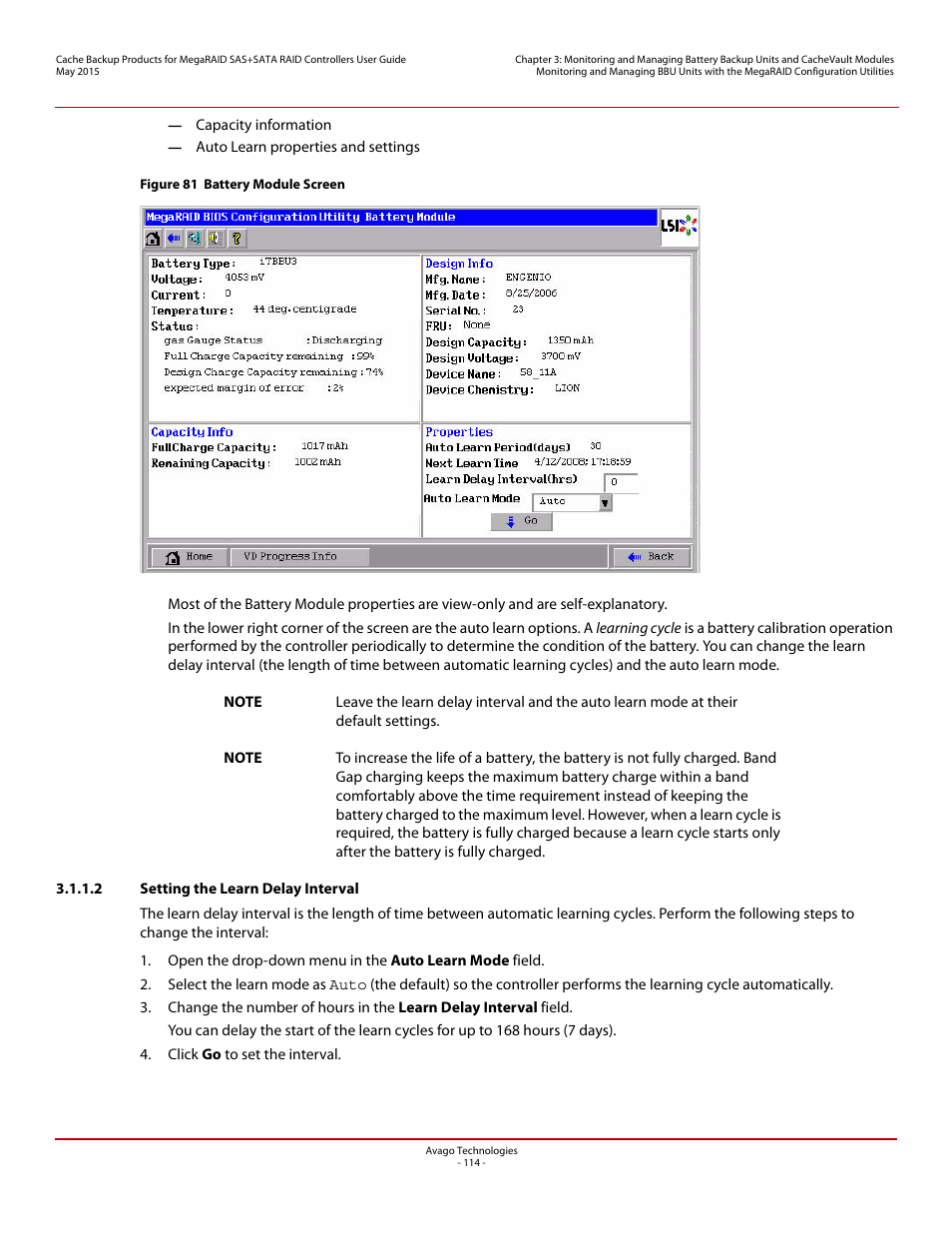2 setting the learn delay interval | Avago Technologies Cache Protection for RAID Controller Cards User Manual | Page 114 / 139