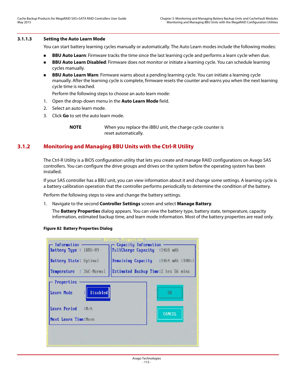 3 setting the auto learn mode | Avago Technologies Cache Protection for RAID Controller Cards User Manual | Page 115 / 139