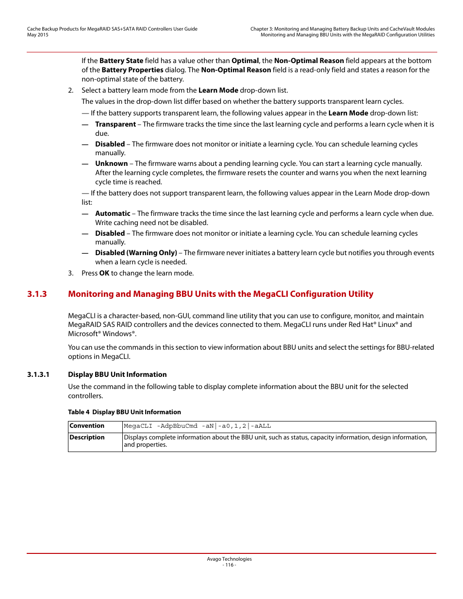 1 display bbu unit information | Avago Technologies Cache Protection for RAID Controller Cards User Manual | Page 116 / 139