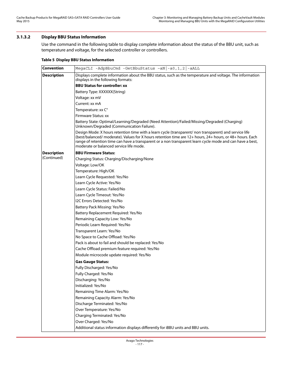 2 display bbu status information | Avago Technologies Cache Protection for RAID Controller Cards User Manual | Page 117 / 139