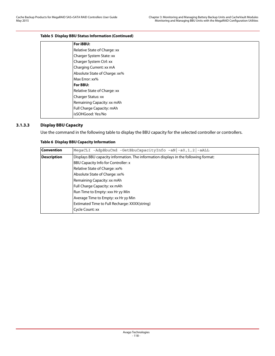 3 display bbu capacity | Avago Technologies Cache Protection for RAID Controller Cards User Manual | Page 118 / 139