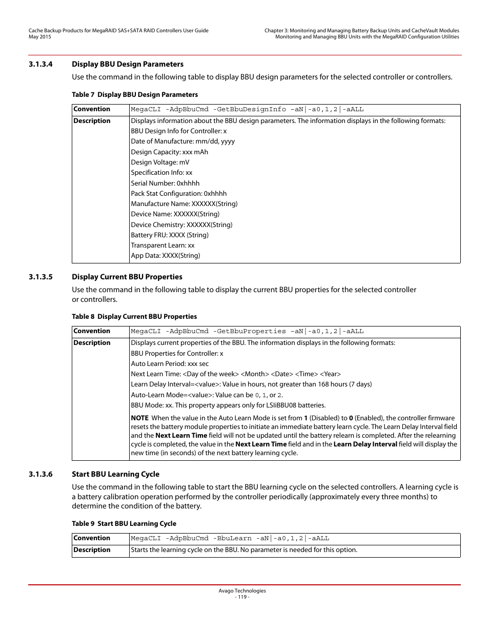 4 display bbu design parameters, 5 display current bbu properties, 6 start bbu learning cycle | Avago Technologies Cache Protection for RAID Controller Cards User Manual | Page 119 / 139