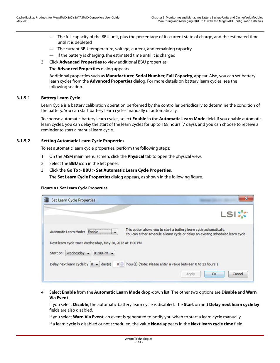 1 battery learn cycle, 2 setting automatic learn cycle properties | Avago Technologies Cache Protection for RAID Controller Cards User Manual | Page 124 / 139