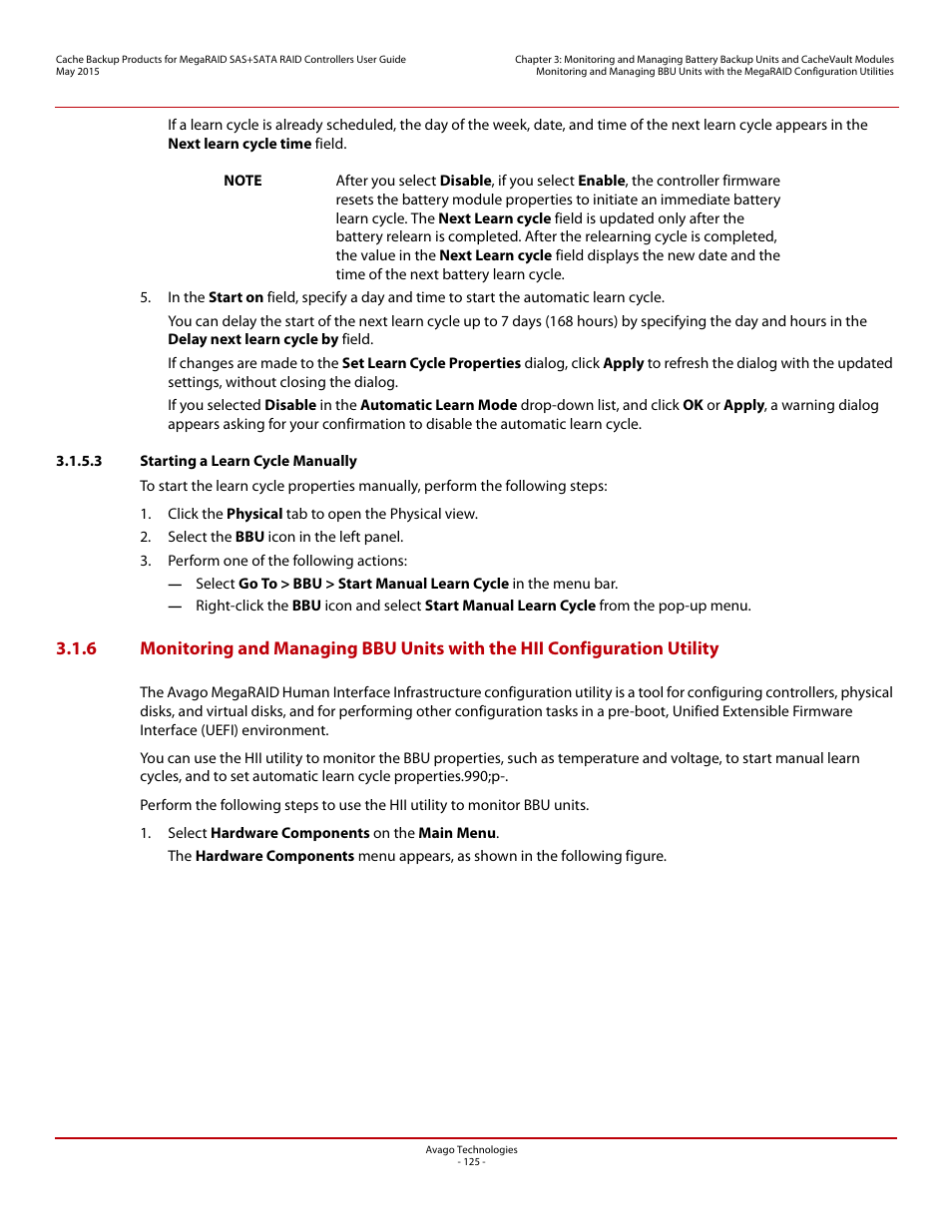 3 starting a learn cycle manually | Avago Technologies Cache Protection for RAID Controller Cards User Manual | Page 125 / 139