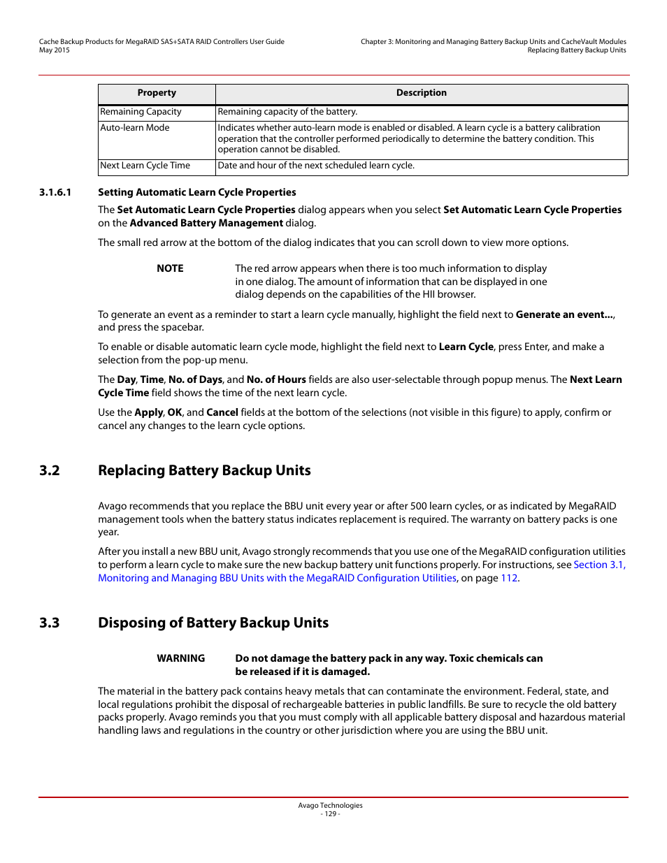 1 setting automatic learn cycle properties, 2 replacing battery backup units, 3 disposing of battery backup units | Avago Technologies Cache Protection for RAID Controller Cards User Manual | Page 129 / 139