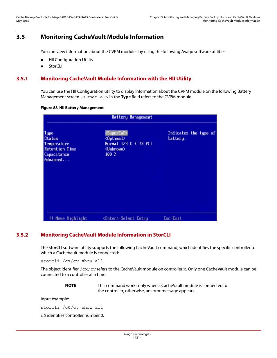 5 monitoring cachevault module information | Avago Technologies Cache Protection for RAID Controller Cards User Manual | Page 131 / 139