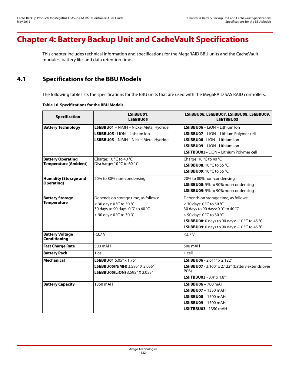1 specifications for the bbu models | Avago Technologies Cache Protection for RAID Controller Cards User Manual | Page 132 / 139