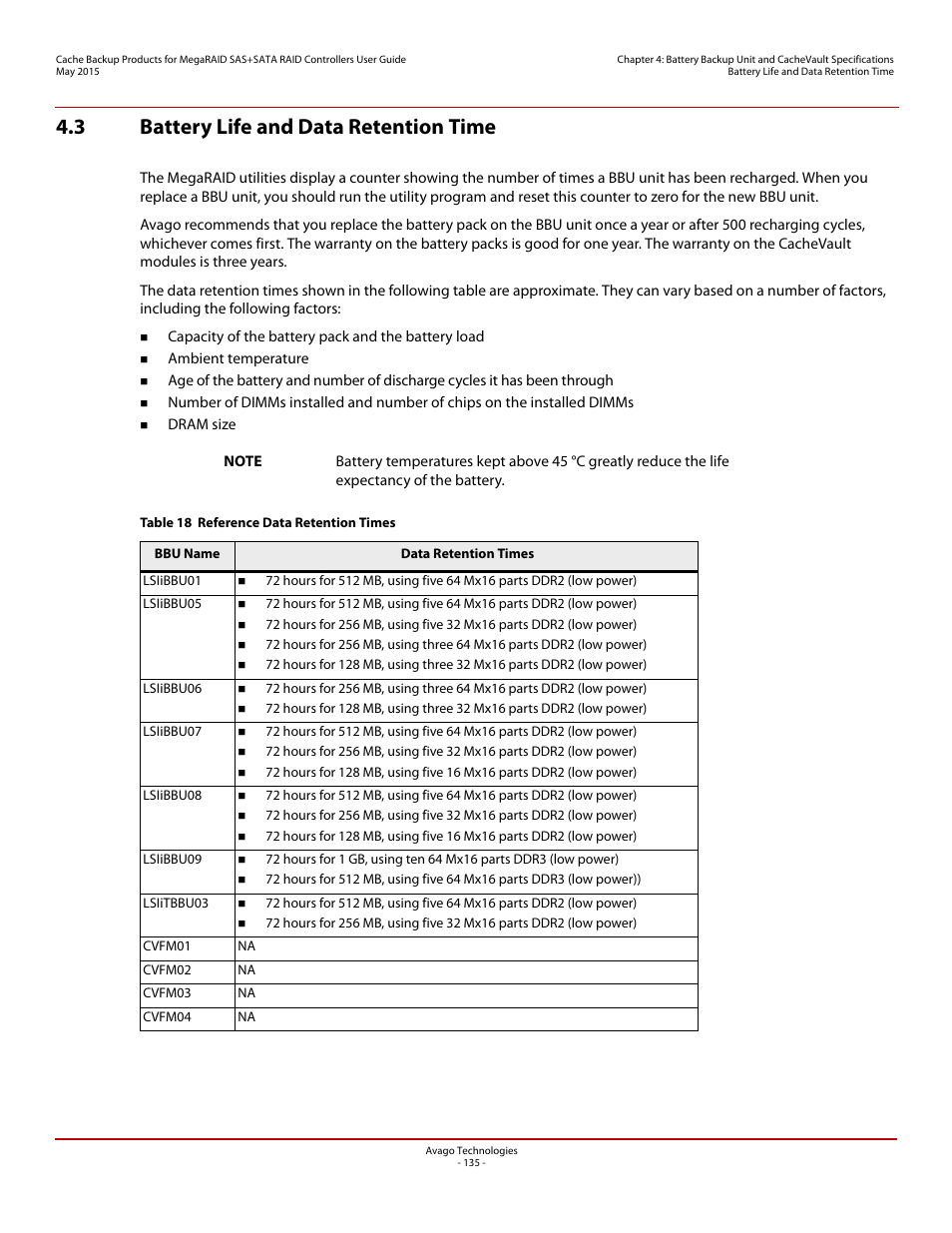 3 battery life and data retention time, Section 4.3, battery life and data retention time, S in | Table 18 | Avago Technologies Cache Protection for RAID Controller Cards User Manual | Page 135 / 139