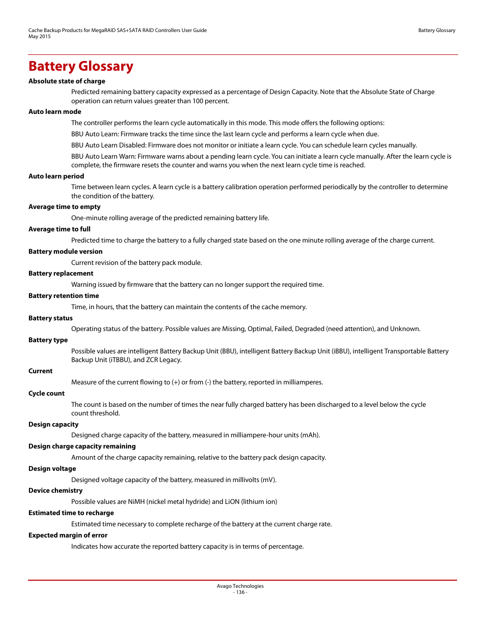 Battery glossary | Avago Technologies Cache Protection for RAID Controller Cards User Manual | Page 136 / 139