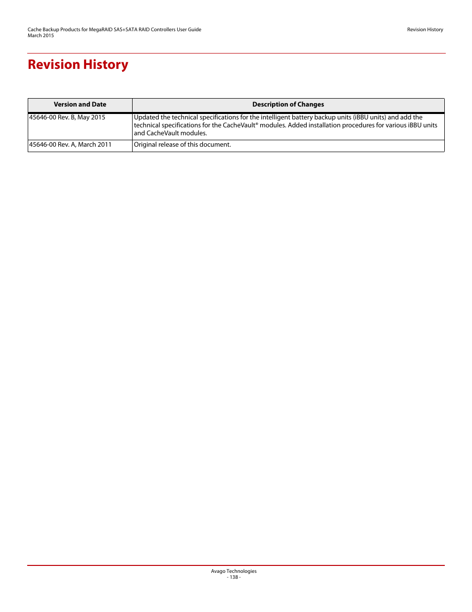 Revision history | Avago Technologies Cache Protection for RAID Controller Cards User Manual | Page 138 / 139