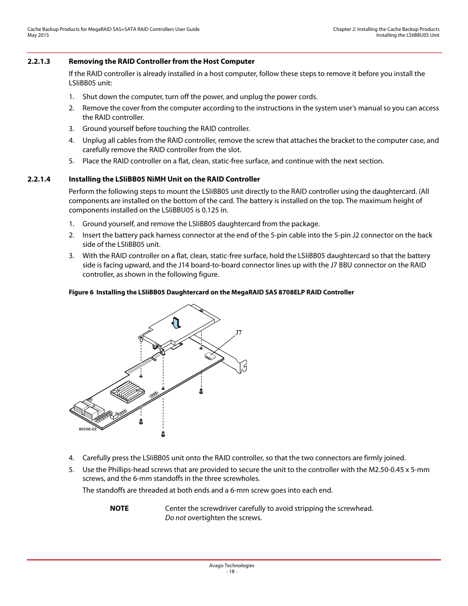 Host computer, Section 2.2.1.4, installing the lsiibb05 nimh, Unit on the raid controller | Avago Technologies Cache Protection for RAID Controller Cards User Manual | Page 18 / 139