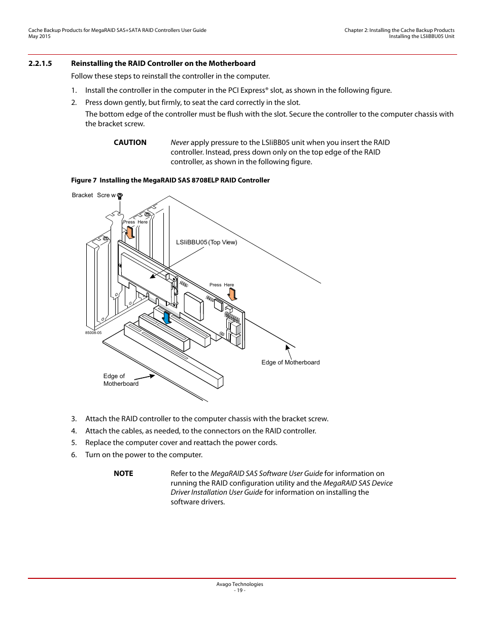 Section 2.2.1.5, reinstalling the raid, Controller on the motherboard | Avago Technologies Cache Protection for RAID Controller Cards User Manual | Page 19 / 139