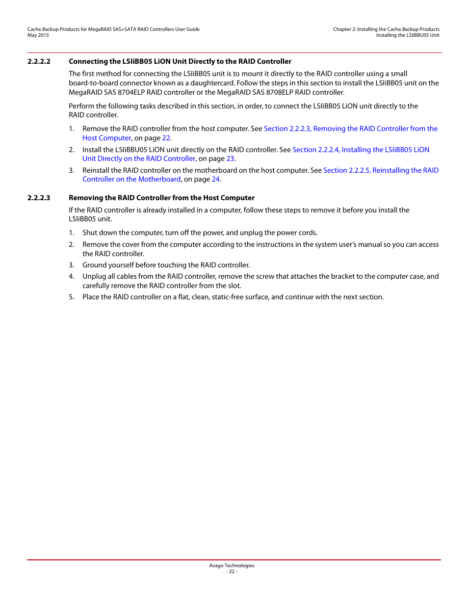 Avago Technologies Cache Protection for RAID Controller Cards User Manual | Page 22 / 139