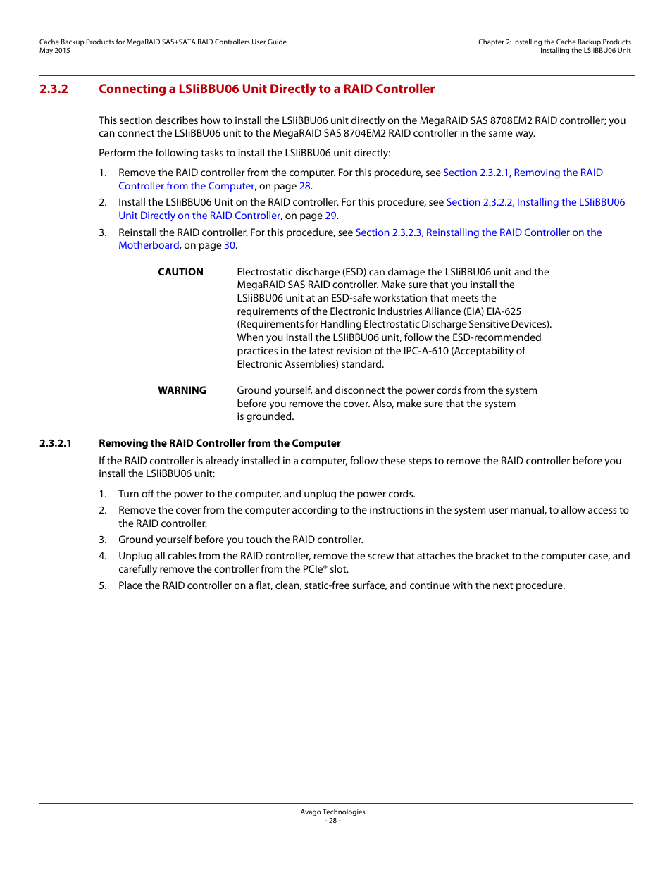 1 removing the raid controller from the computer | Avago Technologies Cache Protection for RAID Controller Cards User Manual | Page 28 / 139