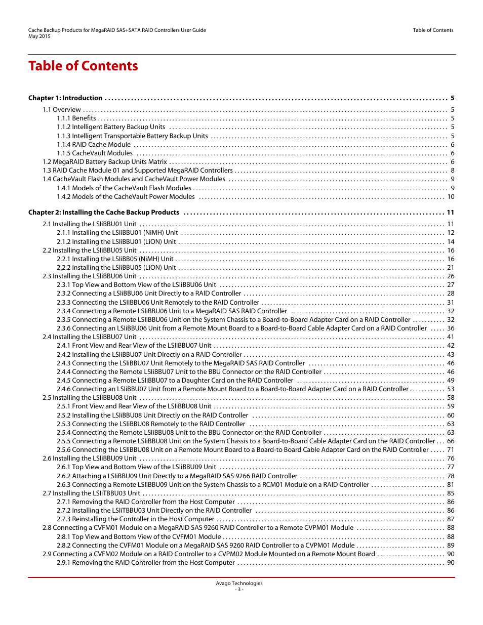 Avago Technologies Cache Protection for RAID Controller Cards User Manual | Page 3 / 139