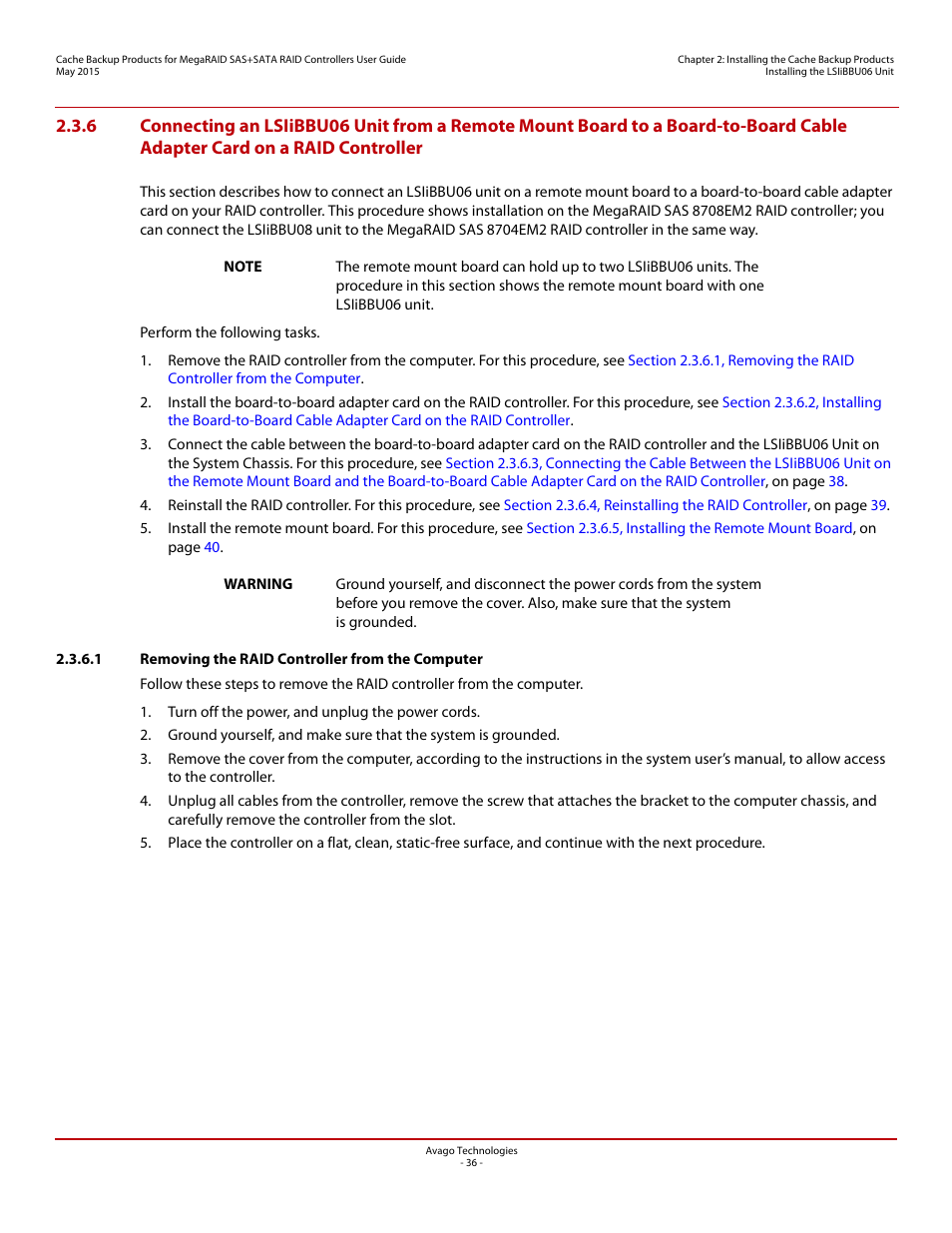1 removing the raid controller from the computer | Avago Technologies Cache Protection for RAID Controller Cards User Manual | Page 36 / 139