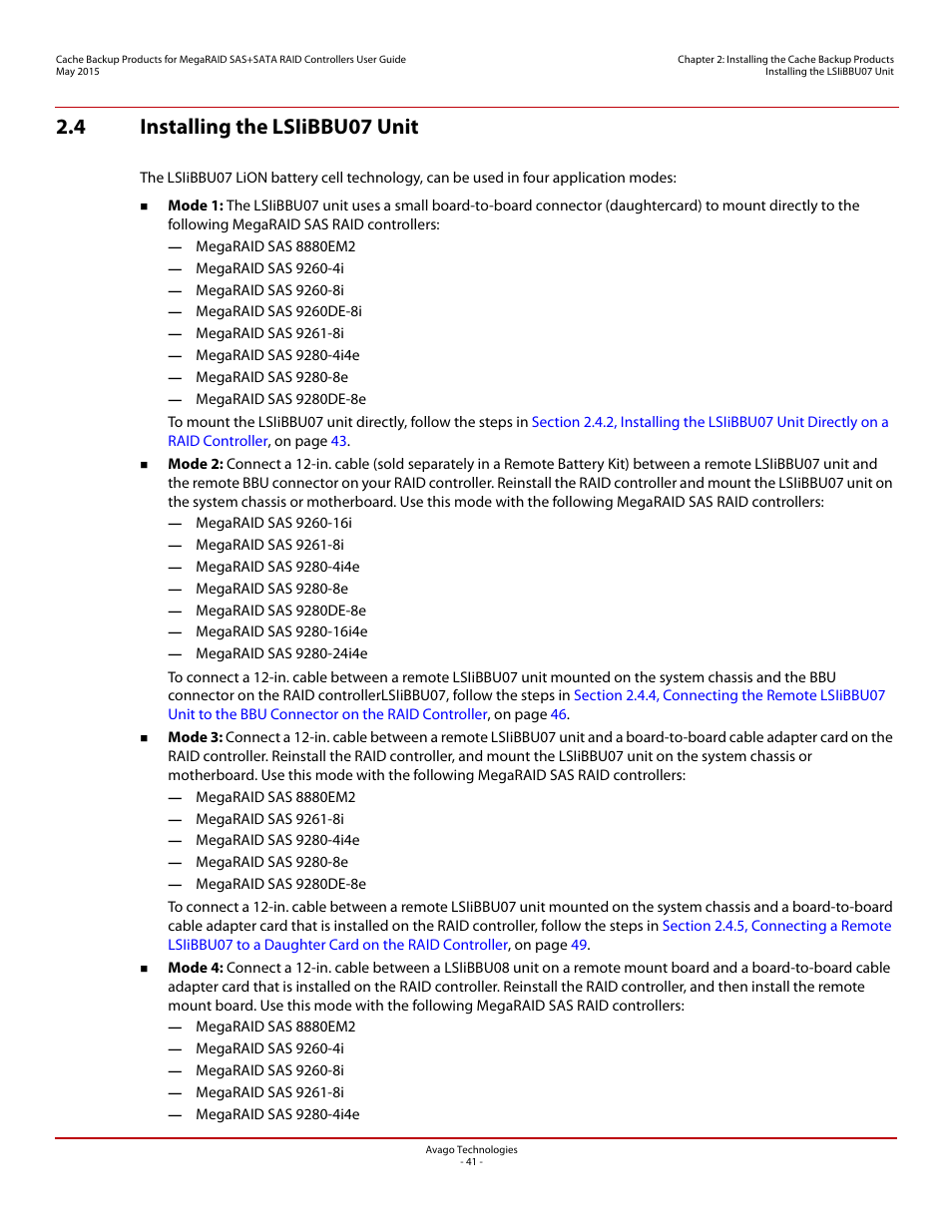 4 installing the lsiibbu07 unit | Avago Technologies Cache Protection for RAID Controller Cards User Manual | Page 41 / 139