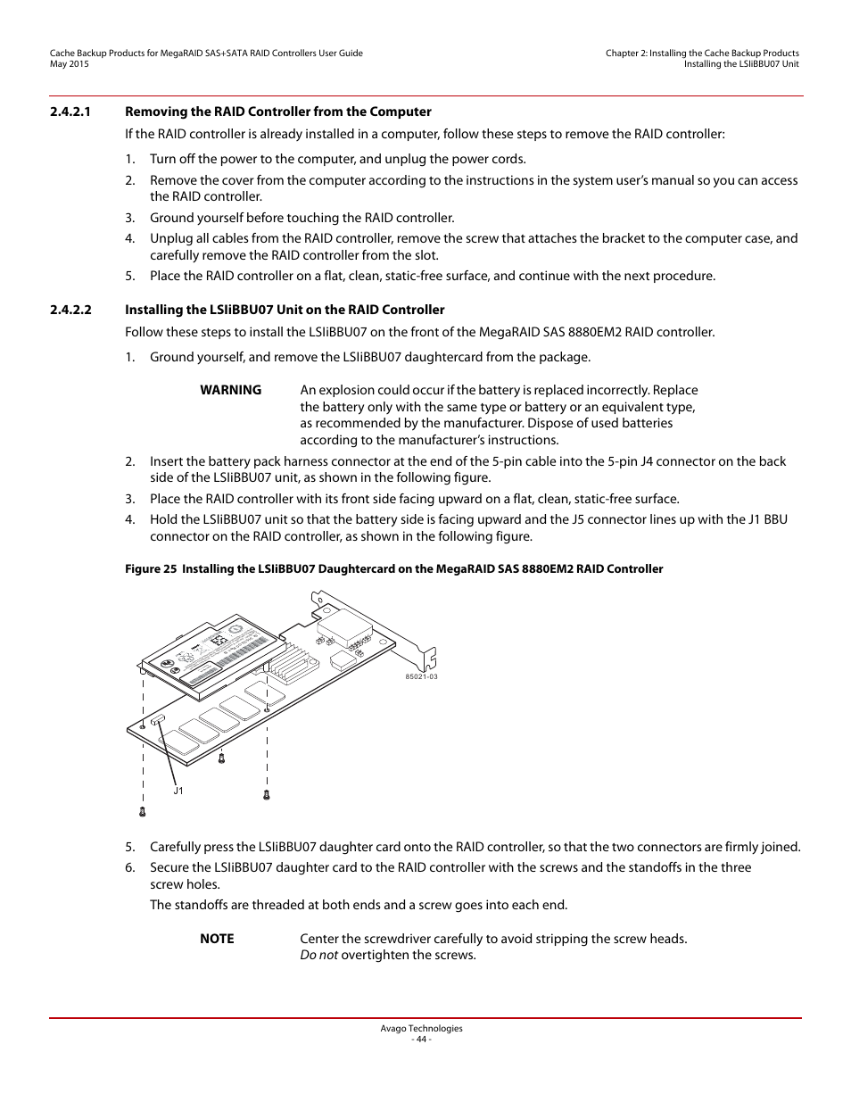 1 removing the raid controller from the computer, Controller, Ass em ble din usa . ww yyn 000 0 | Avago Technologies Cache Protection for RAID Controller Cards User Manual | Page 44 / 139