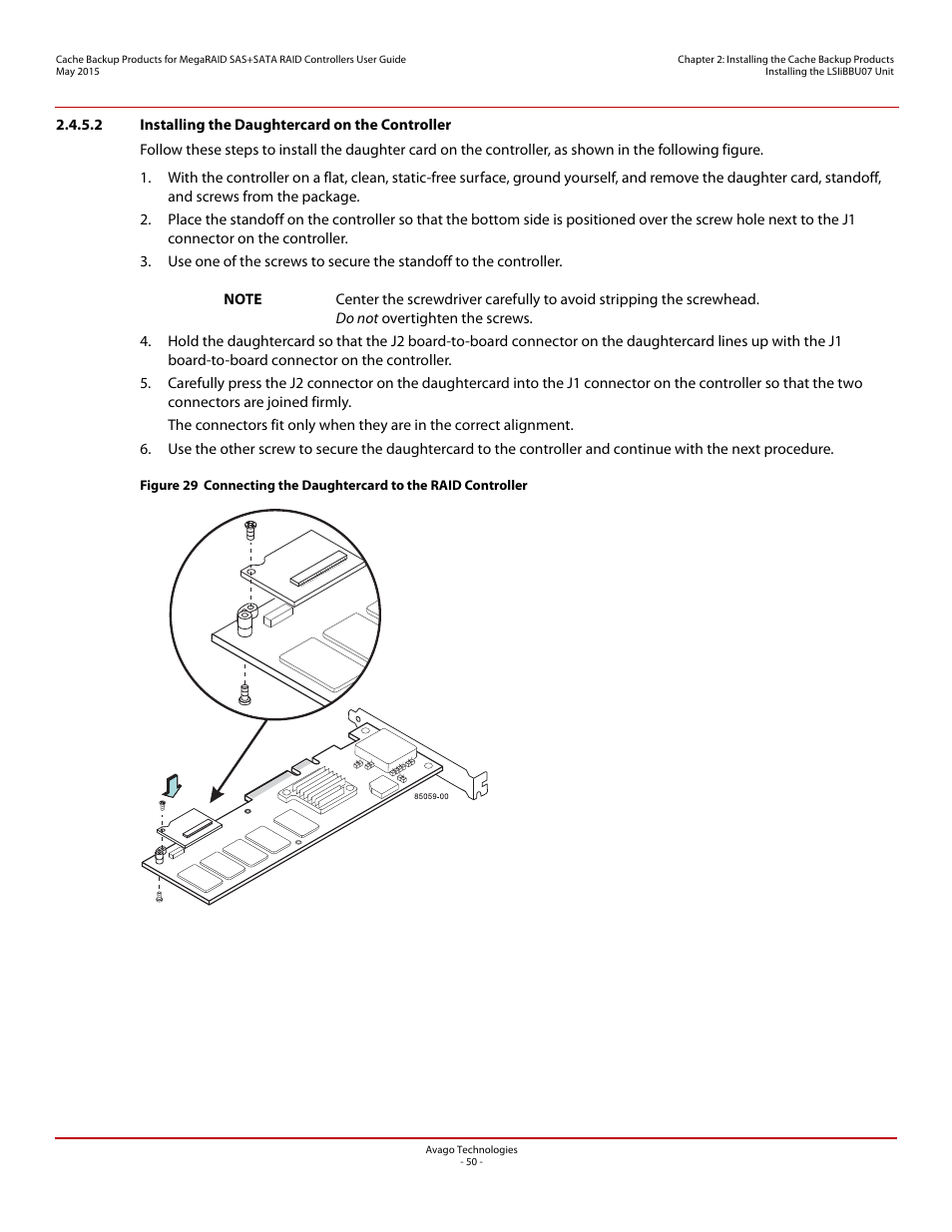 2 installing the daughtercard on the controller | Avago Technologies Cache Protection for RAID Controller Cards User Manual | Page 50 / 139