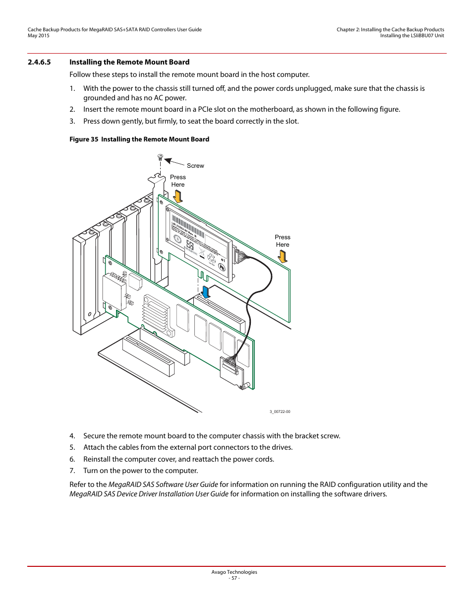 5 installing the remote mount board, Section 2.4.6.5, installing the remote mount board | Avago Technologies Cache Protection for RAID Controller Cards User Manual | Page 57 / 139