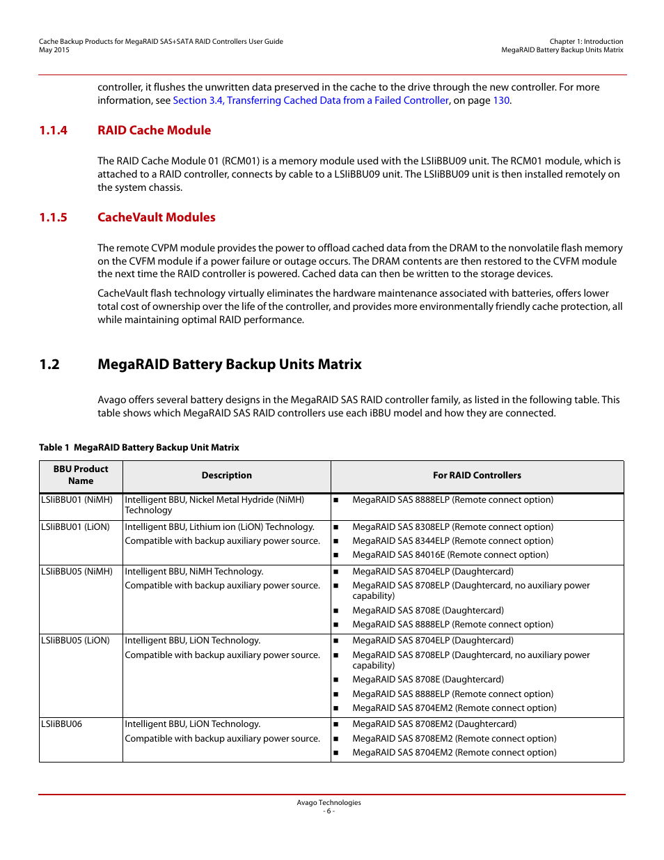 4 raid cache module, 5 cachevault modules, 2 megaraid battery backup units matrix | 4 raid cache module 1.1.5 cachevault modules | Avago Technologies Cache Protection for RAID Controller Cards User Manual | Page 6 / 139