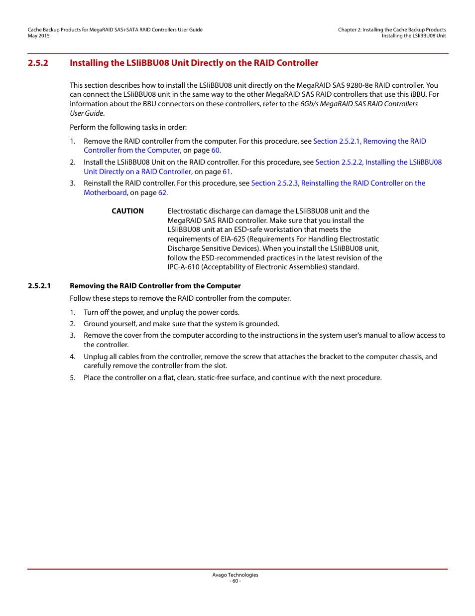 1 removing the raid controller from the computer | Avago Technologies Cache Protection for RAID Controller Cards User Manual | Page 60 / 139