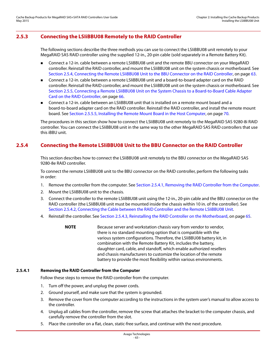 1 removing the raid controller from the computer | Avago Technologies Cache Protection for RAID Controller Cards User Manual | Page 63 / 139