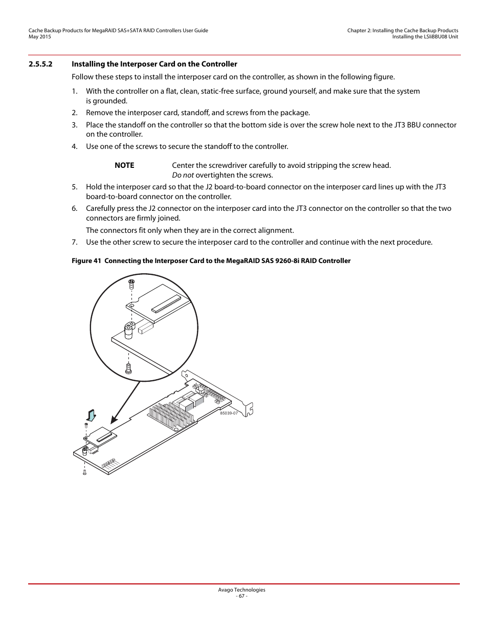 2 installing the interposer card on the controller, Section 2.5.5.2, installing the interposer card, On the controller | Avago Technologies Cache Protection for RAID Controller Cards User Manual | Page 67 / 139