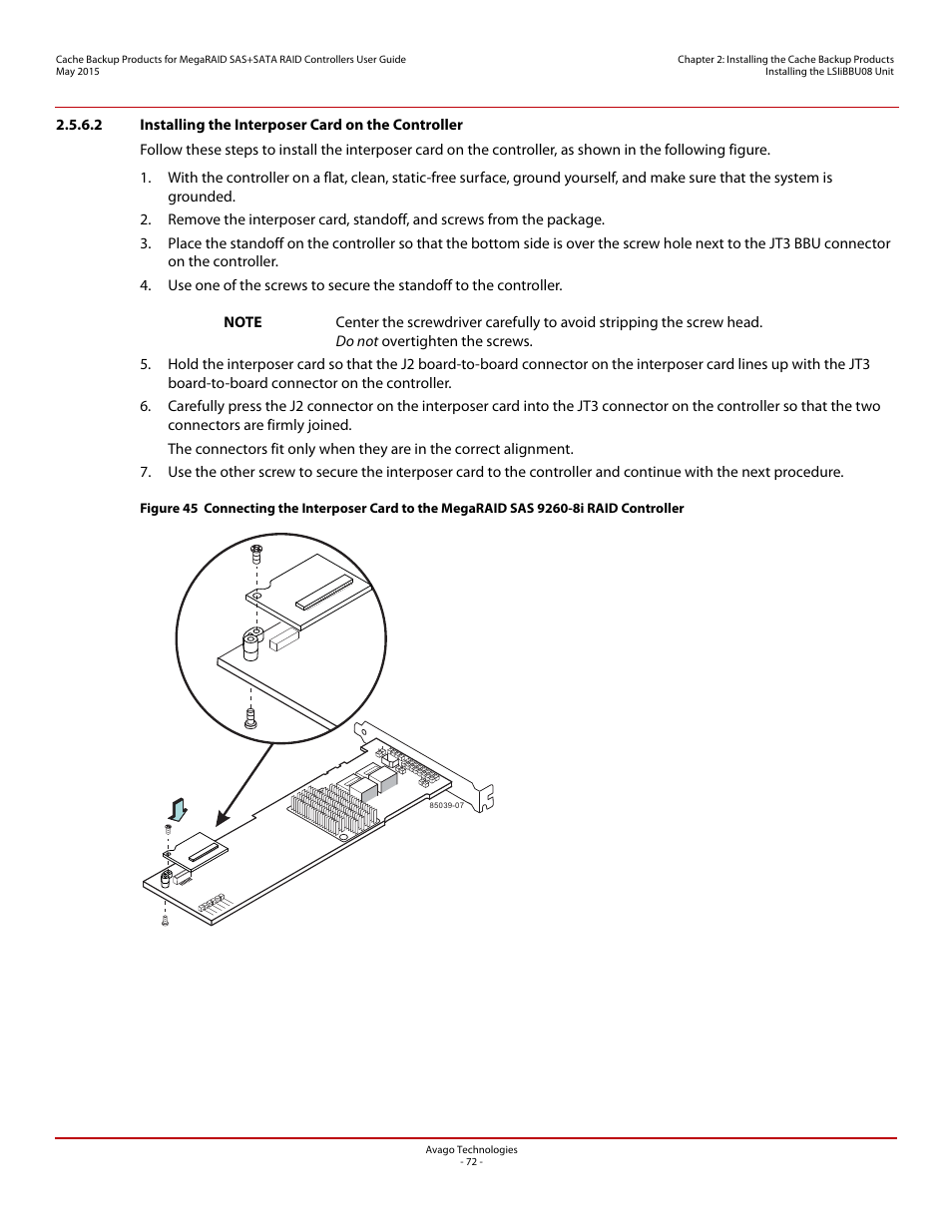 2 installing the interposer card on the controller, Section 2.5.6.2, installing the interposer card, On the controller | Avago Technologies Cache Protection for RAID Controller Cards User Manual | Page 72 / 139