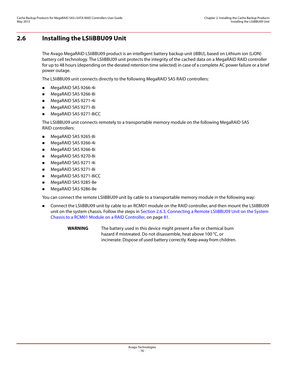 6 installing the lsiibbu09 unit | Avago Technologies Cache Protection for RAID Controller Cards User Manual | Page 76 / 139